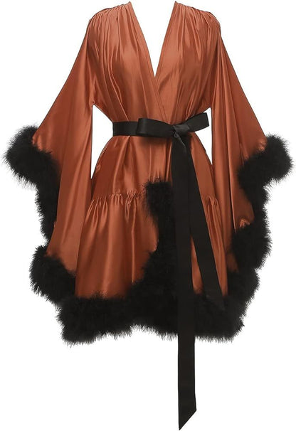 Boudoir Fur Trim Bell Sleeved Satin Robe-Luxandluxy