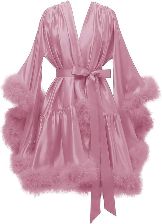 Boudoir Fur Trim Bell Sleeved Satin Robe-Luxandluxy