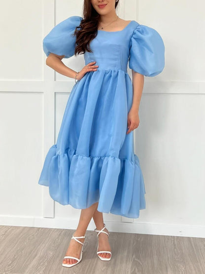 Bow Back Puff Sleeve Midi Dress-Luxandluxy