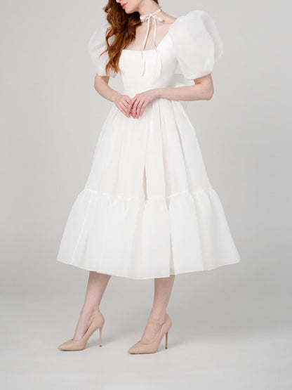 Bow Back Puff Sleeve Midi Dress-Luxandluxy