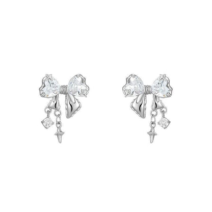 Bow Dangling Star & Stone Stud Earrings-Luxandluxy