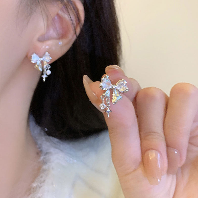 Bow Dangling Star & Stone Stud Earrings-Luxandluxy