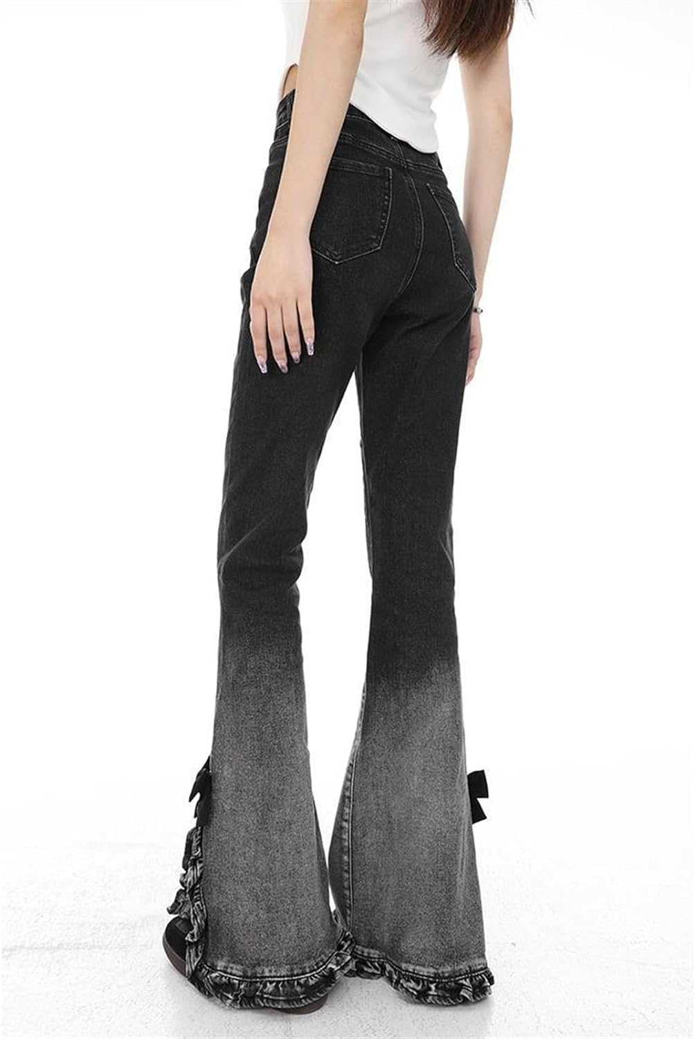 Bow Ruffle Slit Gradient Flare Jeans-Luxandluxy