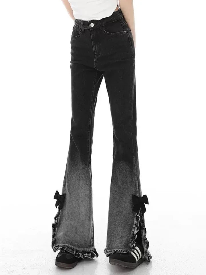 Bow Ruffle Slit Gradient Flare Jeans-Luxandluxy