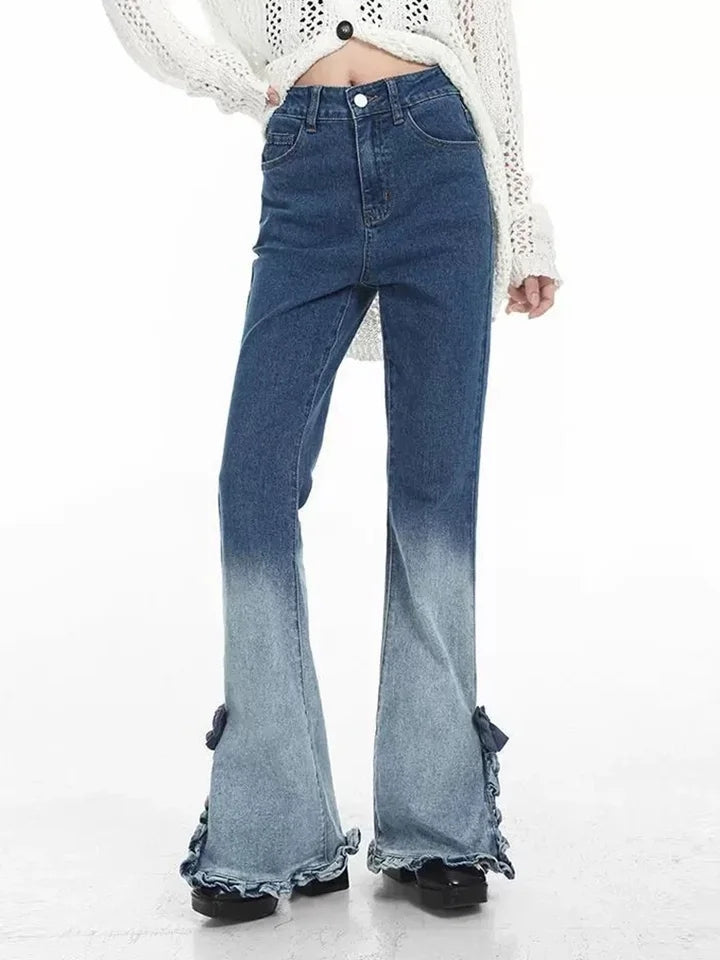 Bow Ruffle Slit Gradient Flare Jeans-Luxandluxy