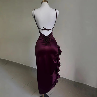 Burgundy Ruffled High Slit Ruched Bust Dress-Luxandluxy