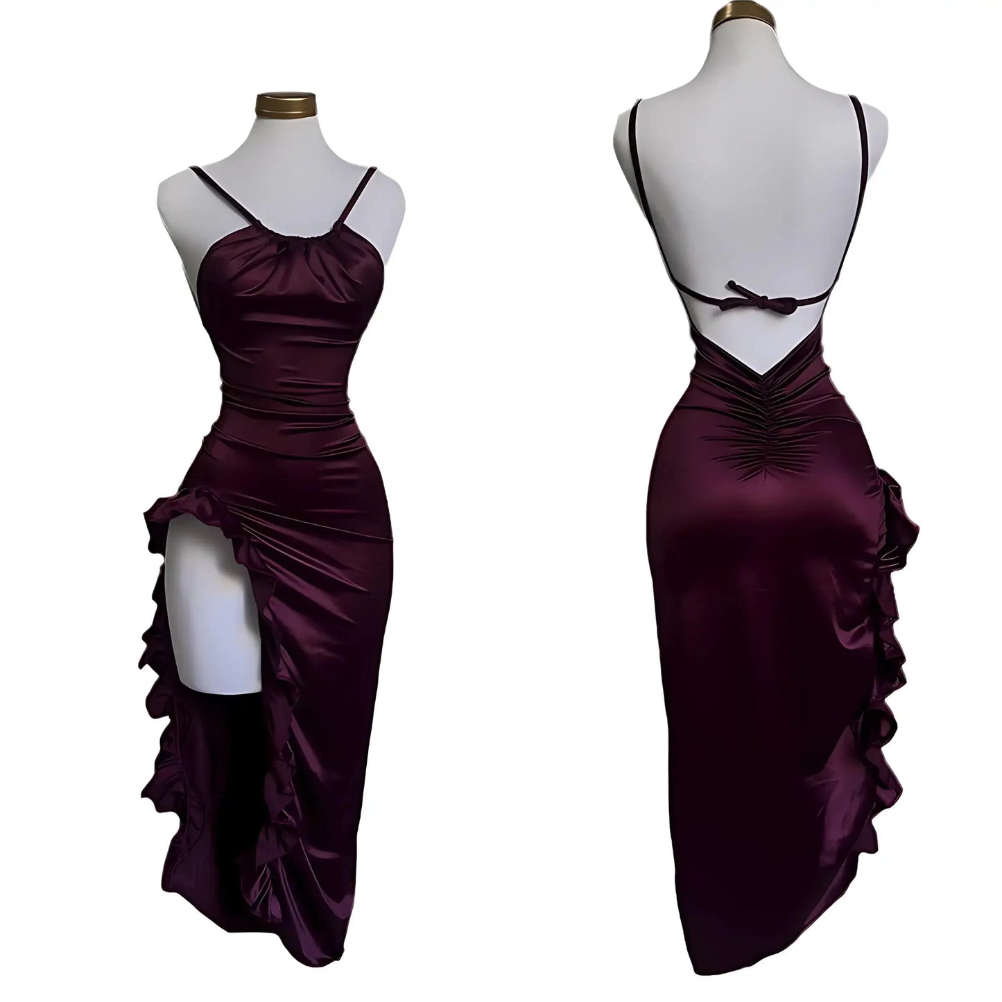 Burgundy Ruffled High Slit Ruched Bust Dress-Luxandluxy