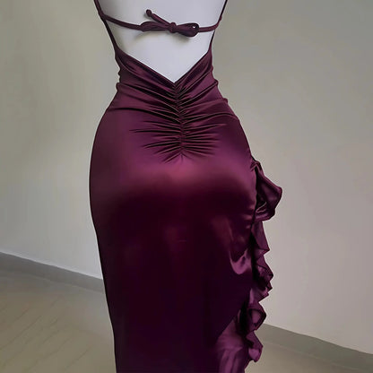 Burgundy Ruffled High Slit Ruched Bust Dress-Luxandluxy