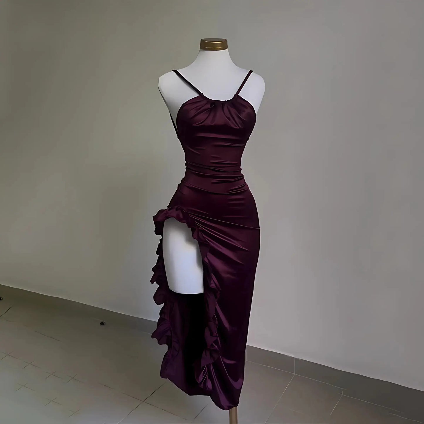 Burgundy Ruffled High Slit Ruched Bust Dress-Luxandluxy