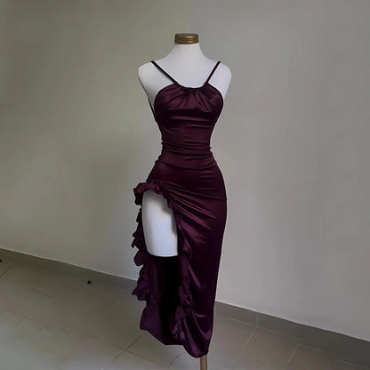 Burgundy Ruffled High Slit Ruched Bust Dress-Luxandluxy