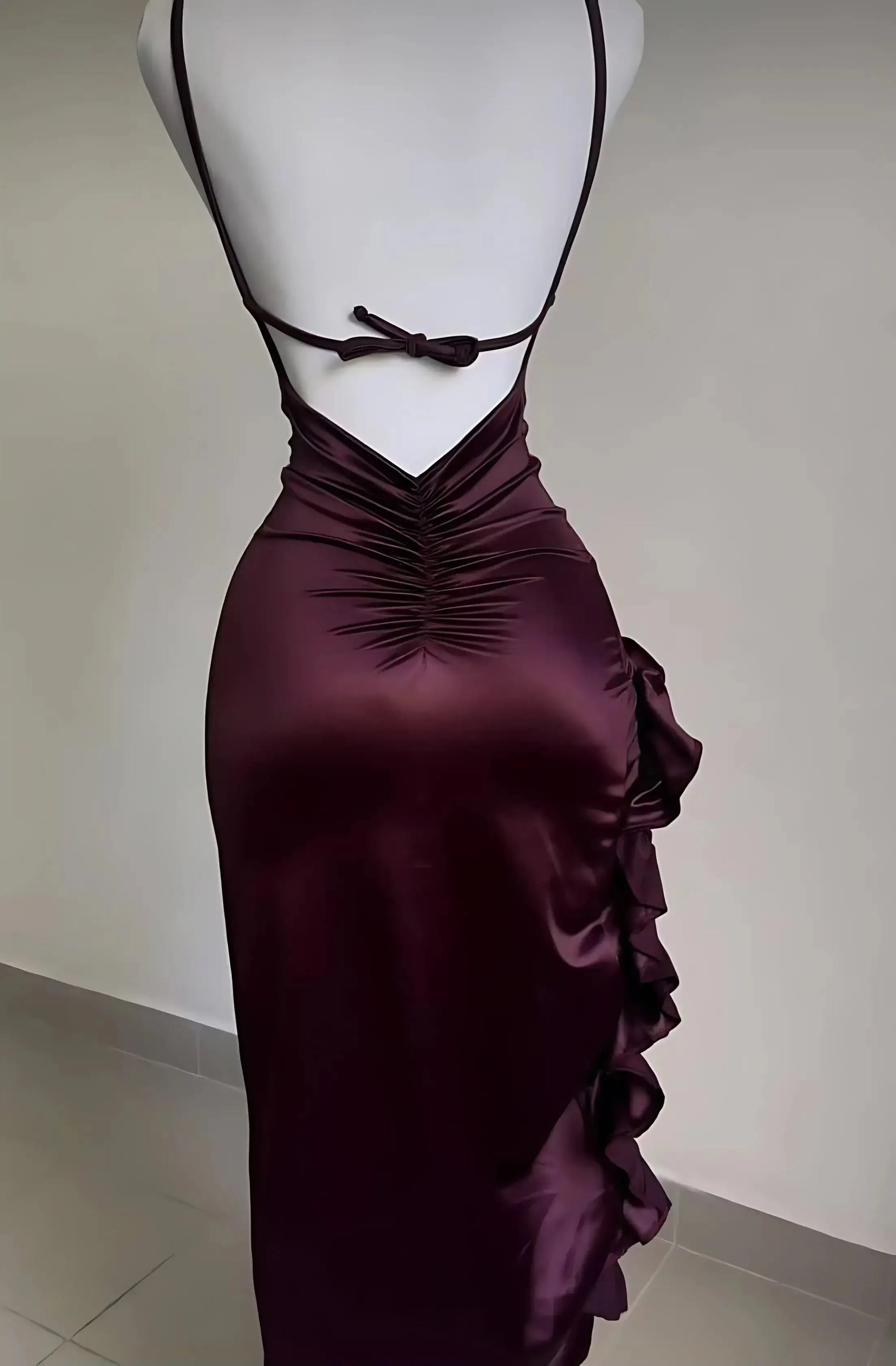 Burgundy Ruffled High Slit Ruched Bust Dress-Luxandluxy