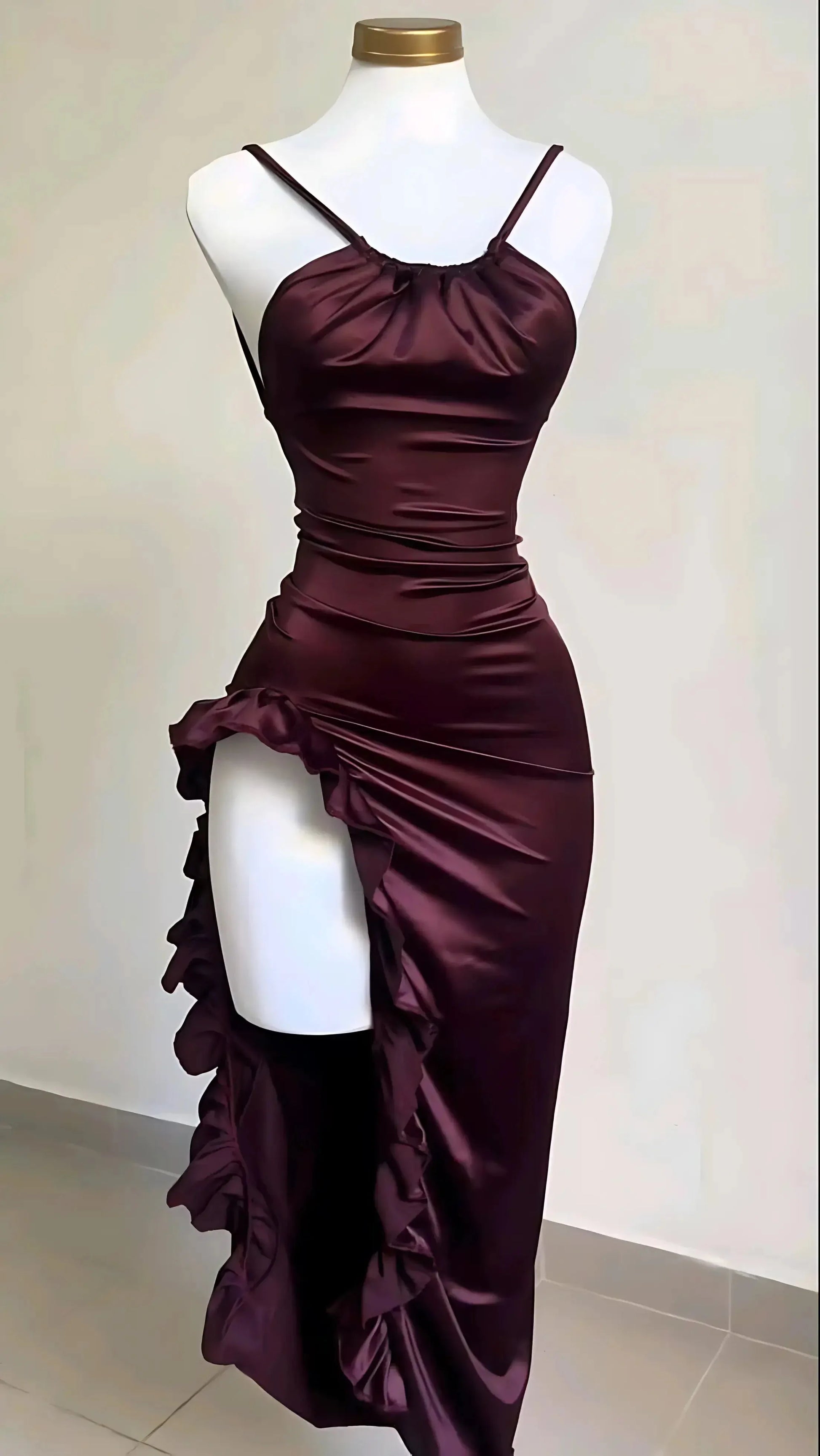 Burgundy Ruffled High Slit Ruched Bust Dress-Luxandluxy