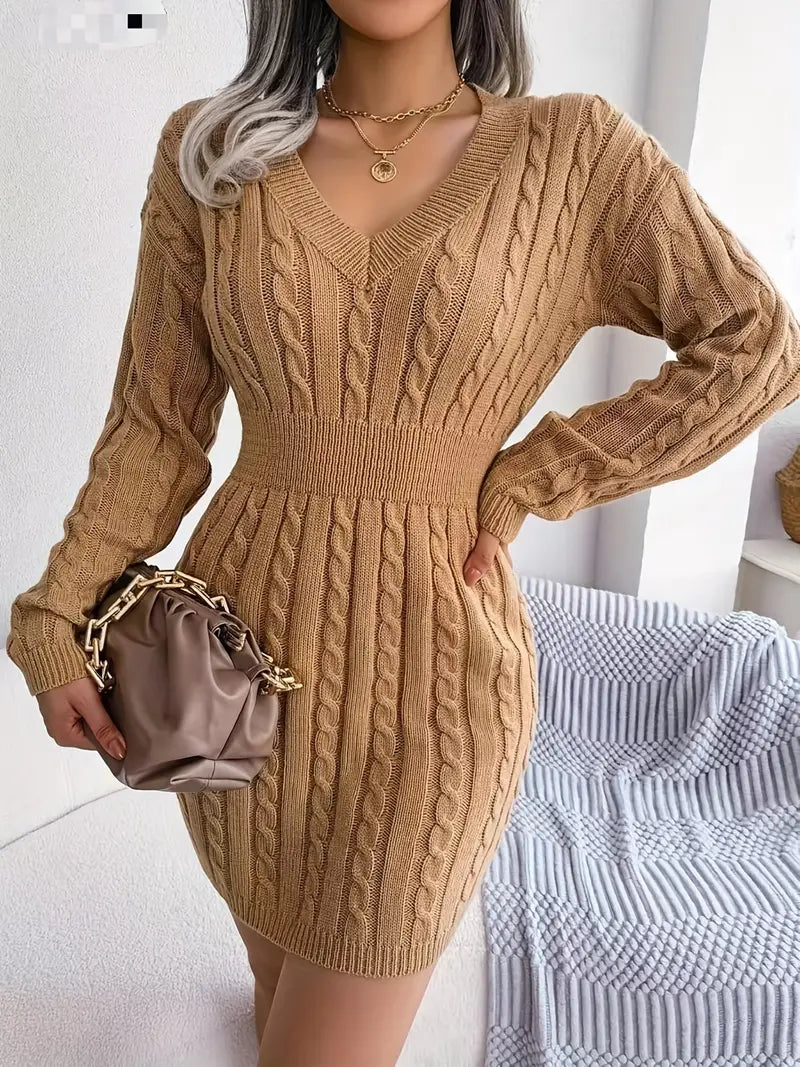 Cable Knit V Neck Sweater Dress-Luxandluxy