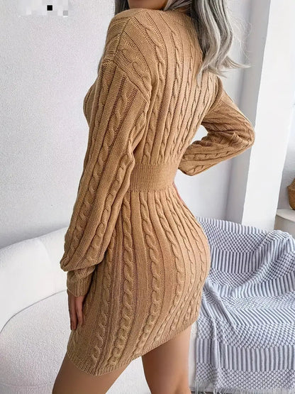 Cable Knit V Neck Sweater Dress-Luxandluxy