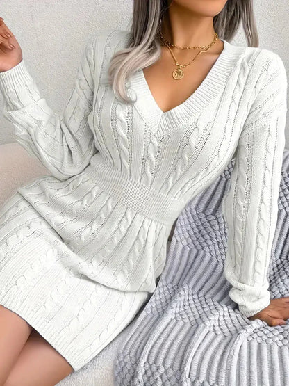 Cable Knit V Neck Sweater Dress-Luxandluxy