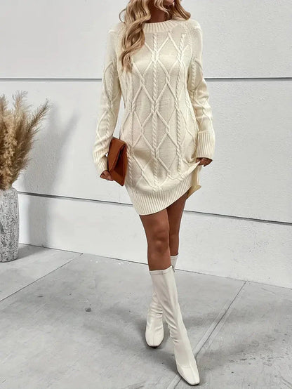 Casual Crewneck Solid Color Knit Sweater Dress-Luxandluxy