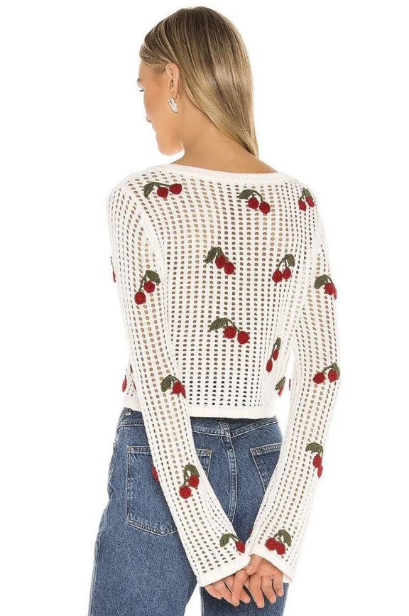 Cherry Embroidery Knitted V Neck Crop Top Cardigan-Luxandluxy