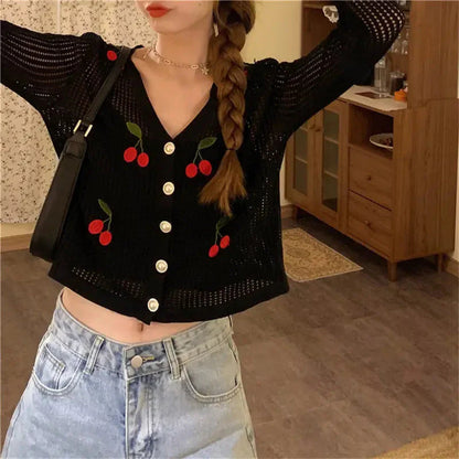 Cherry Embroidery Knitted V Neck Crop Top Cardigan-Luxandluxy