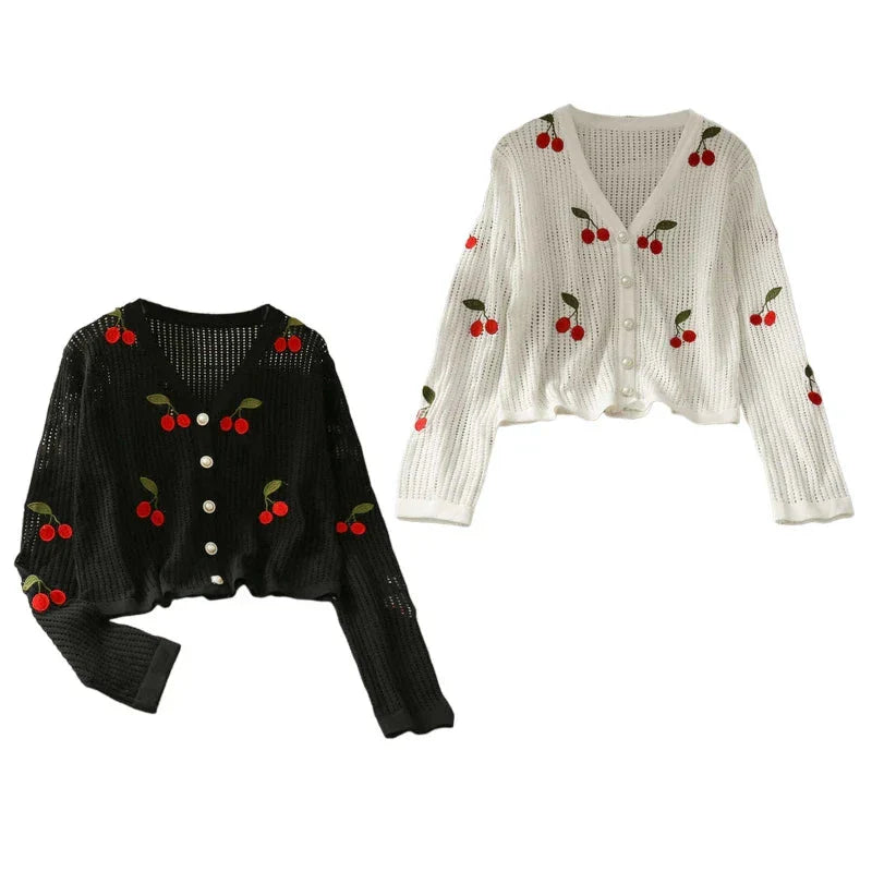 Cherry Embroidery Knitted V Neck Crop Top Cardigan-Luxandluxy