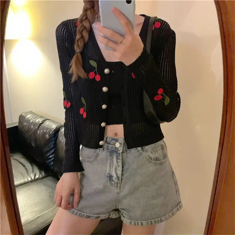 Cherry Embroidery Knitted V Neck Crop Top Cardigan-Luxandluxy