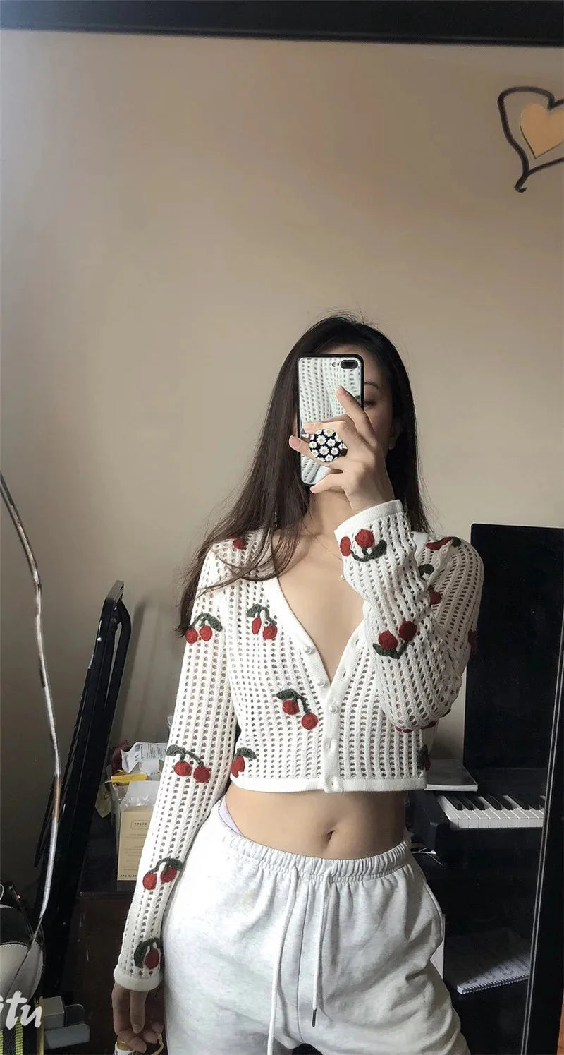 Cherry Embroidery Knitted V Neck Crop Top Cardigan-Luxandluxy