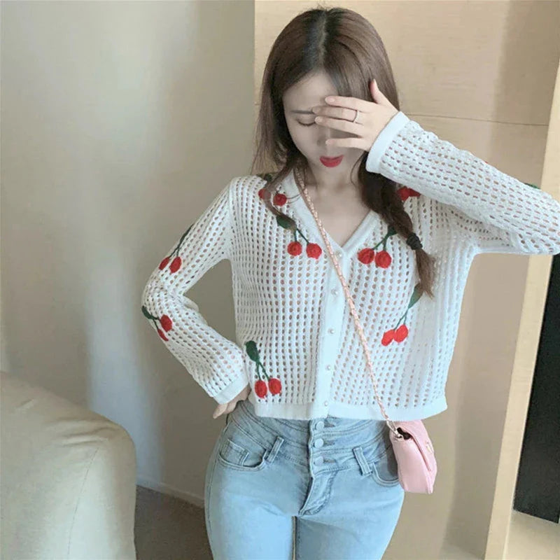 Cherry Embroidery Knitted V Neck Crop Top Cardigan-Luxandluxy