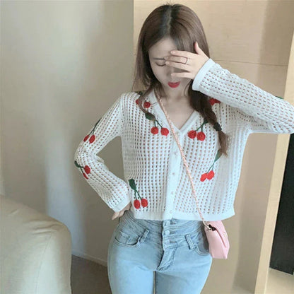 Cherry Embroidery Knitted V Neck Crop Top Cardigan-Luxandluxy