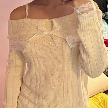 Cold Shoulder Lace Trim Knit Sweater-Luxandluxy