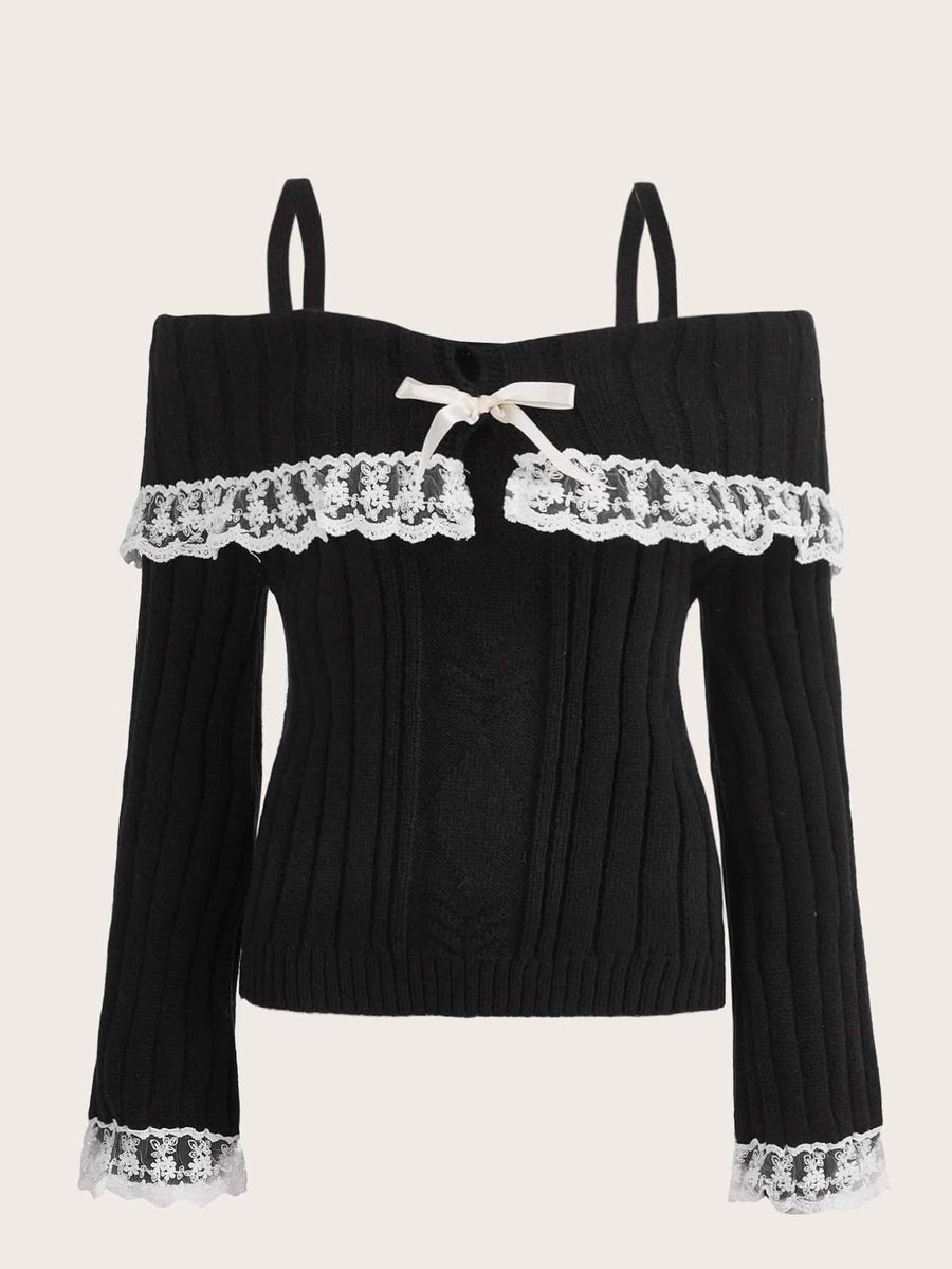 Cold Shoulder Lace Trim Knit Sweater-Luxandluxy