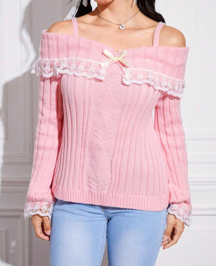 Cold Shoulder Lace Trim Knit Sweater-Luxandluxy