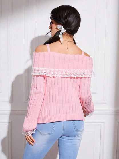 Cold Shoulder Lace Trim Knit Sweater-Luxandluxy