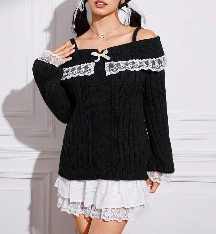 Cold Shoulder Lace Trim Knit Sweater-Luxandluxy