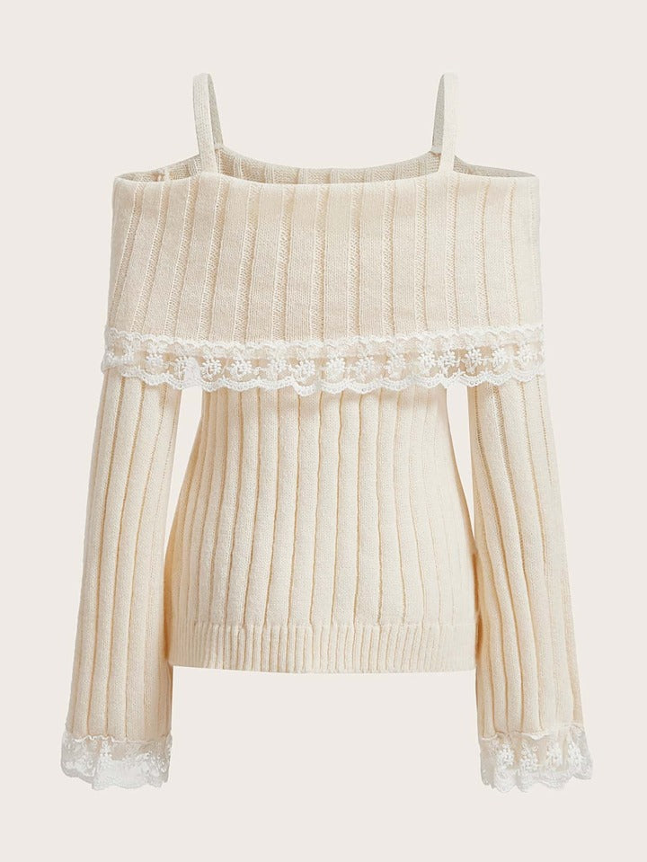 Cold Shoulder Lace Trim Knit Sweater-Luxandluxy