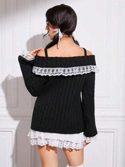 Cold Shoulder Lace Trim Knit Sweater-Luxandluxy