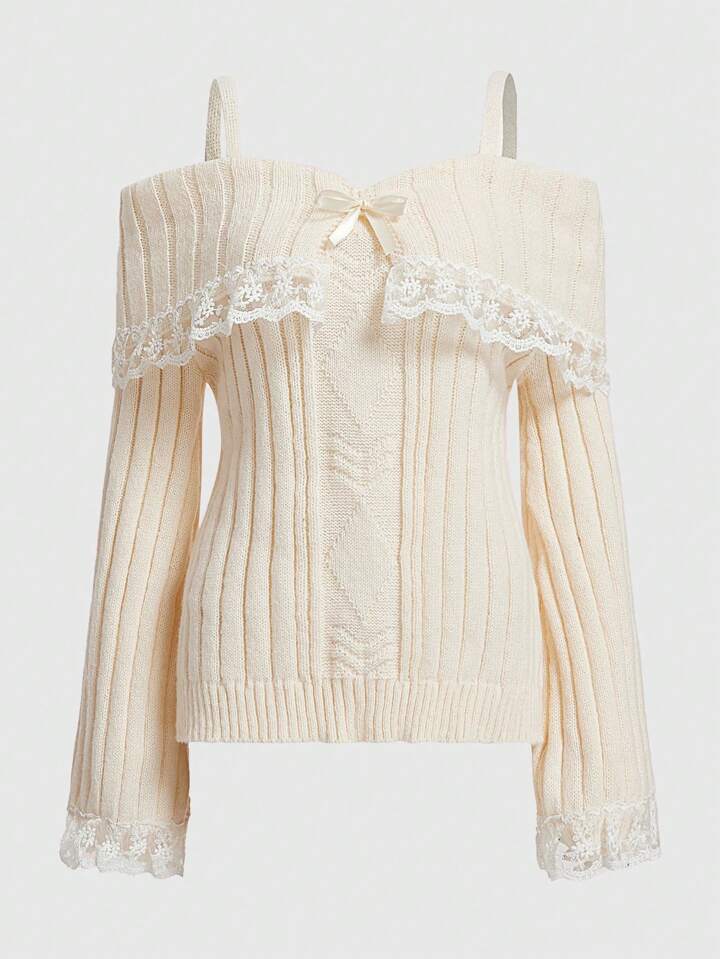 Cold Shoulder Lace Trim Knit Sweater-Luxandluxy