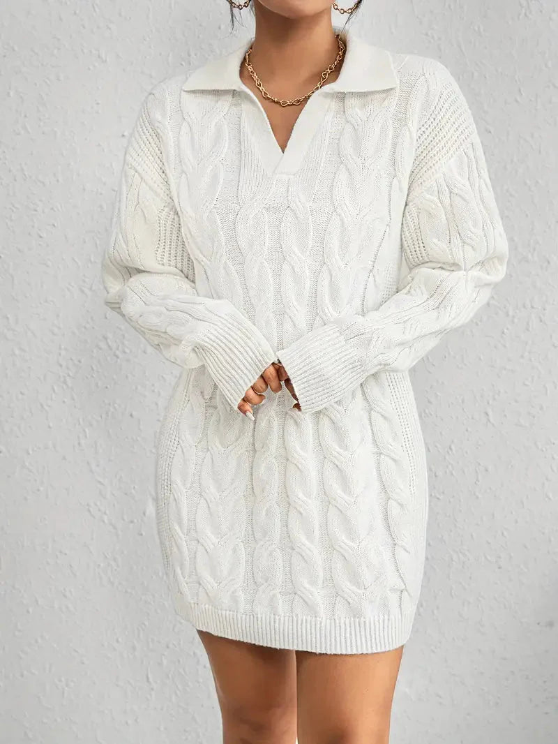 Collar Neck Cable Knit Sweater Dress-Luxandluxy