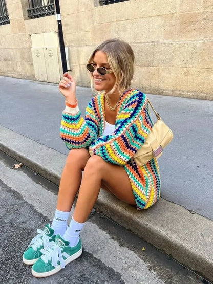 Colorful Striped Knitted Cardigan-Luxandluxy