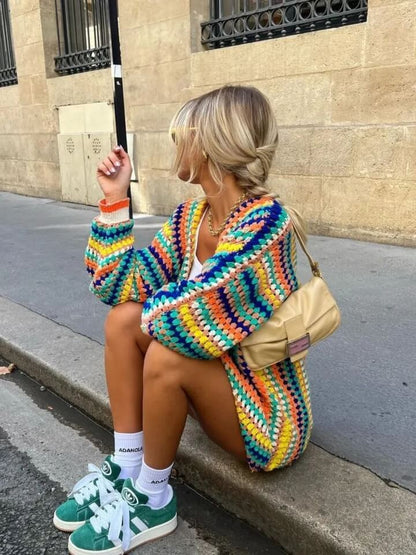 Colorful Striped Knitted Cardigan-Luxandluxy