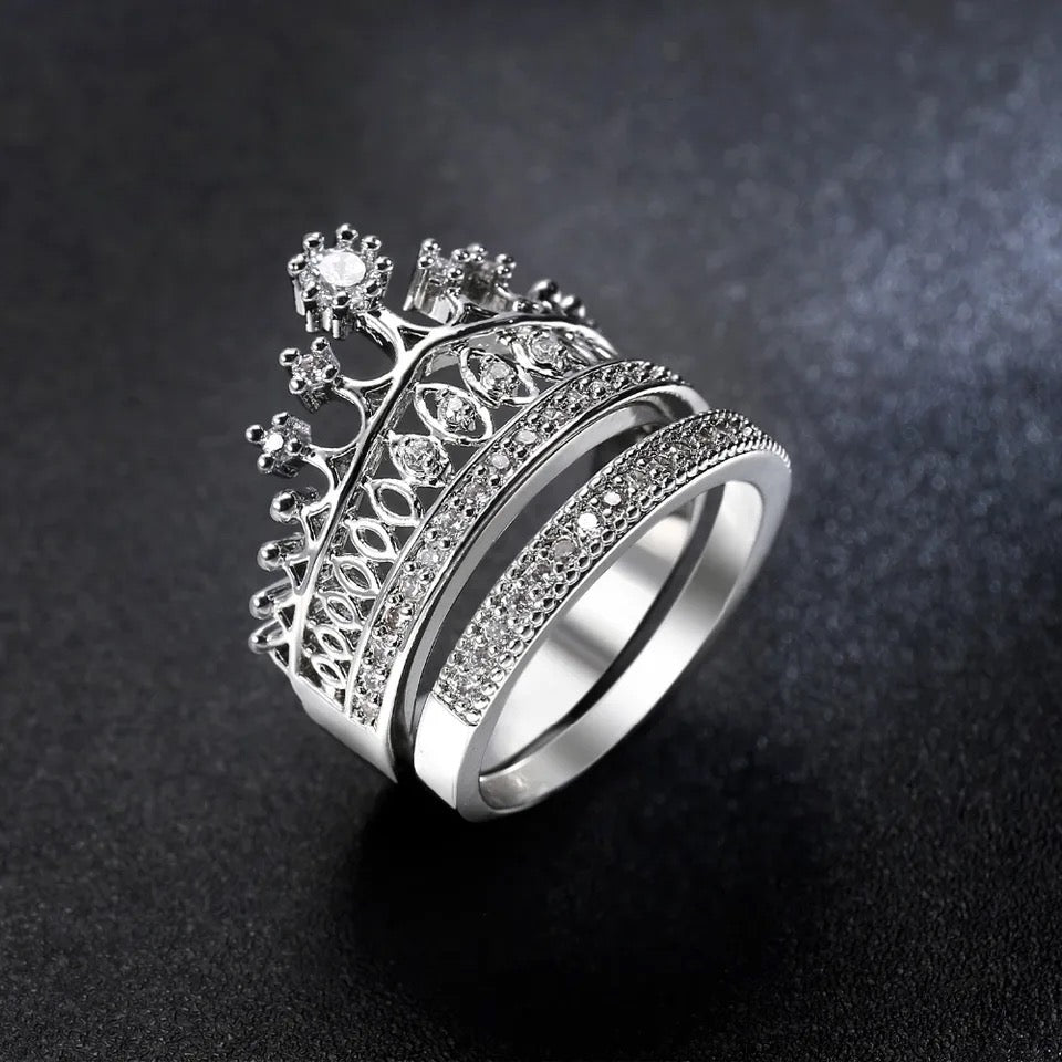 Crown Zirconia Silver Plated Bridal Ring Set-Luxandluxy