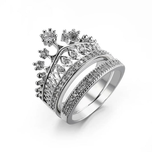 Crown Zirconia Silver Plated Bridal Ring Set-Luxandluxy