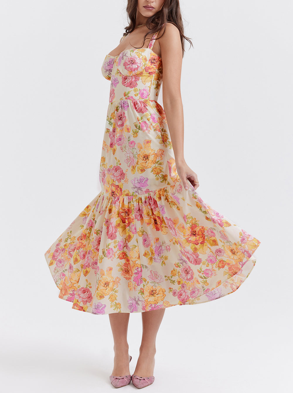 Elia Ivory Floral Midi Dress-Luxandluxy