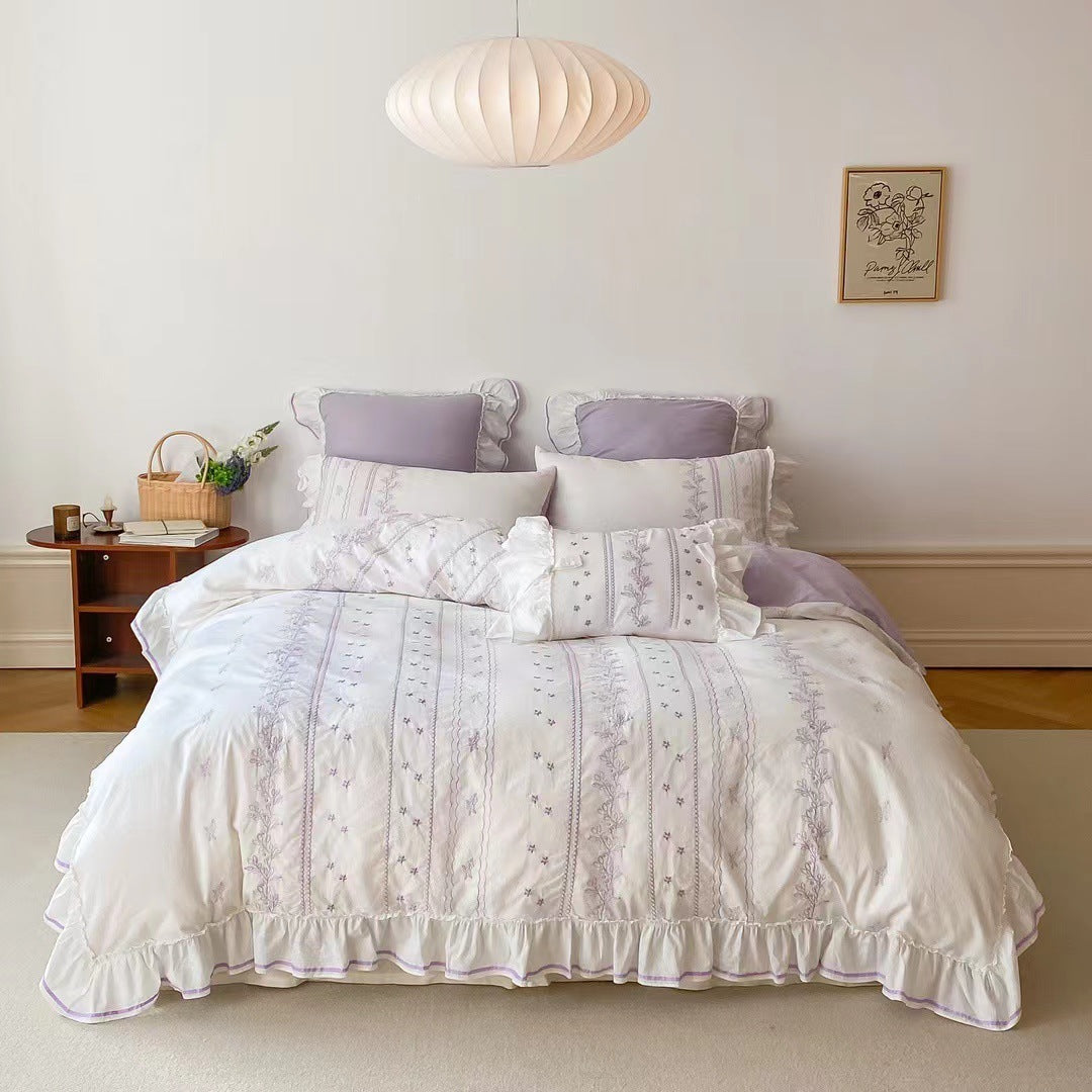 Embroided French Lace Ruffle Bedding Set-Luxandluxy