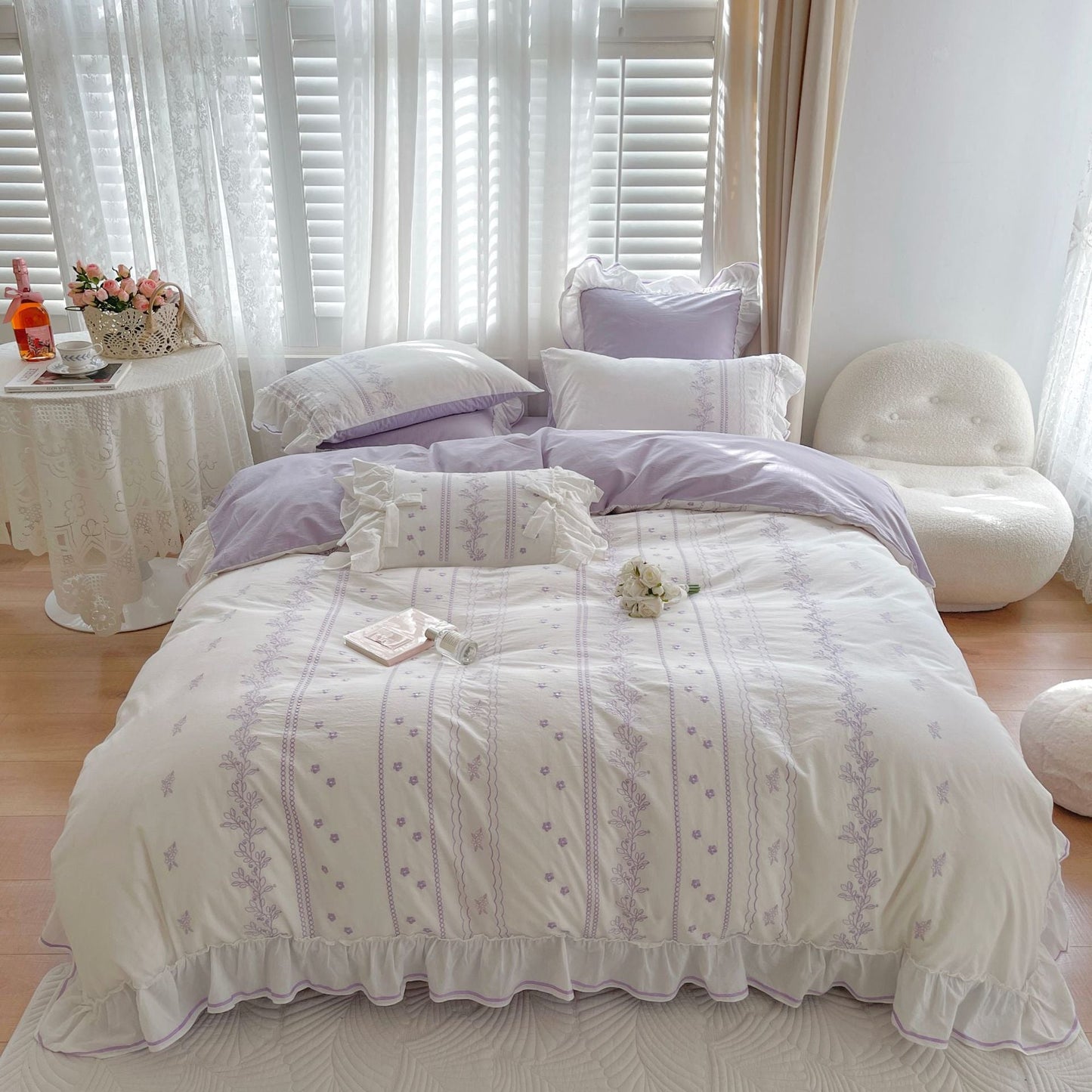 Embroided French Lace Ruffle Bedding Set-Luxandluxy