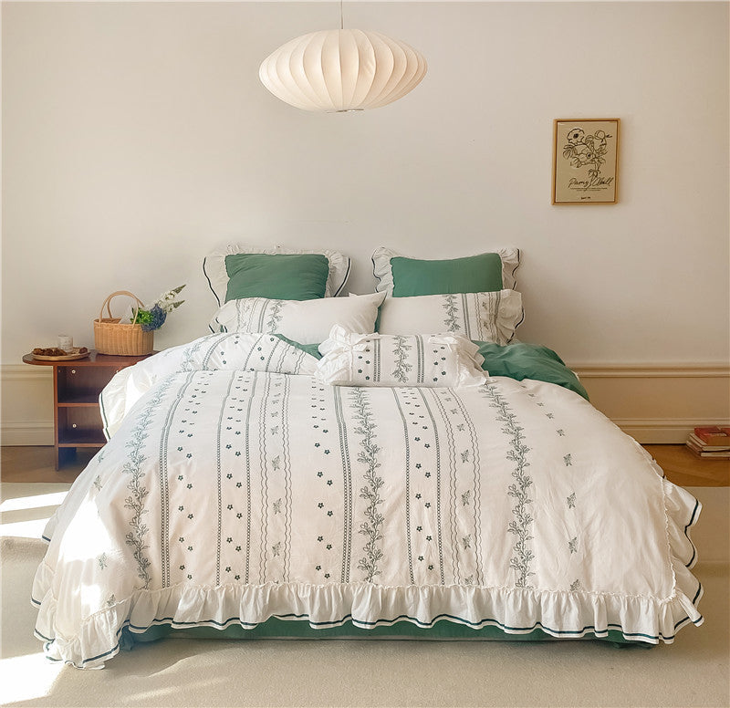 Embroided French Lace Ruffle Bedding Set-Luxandluxy