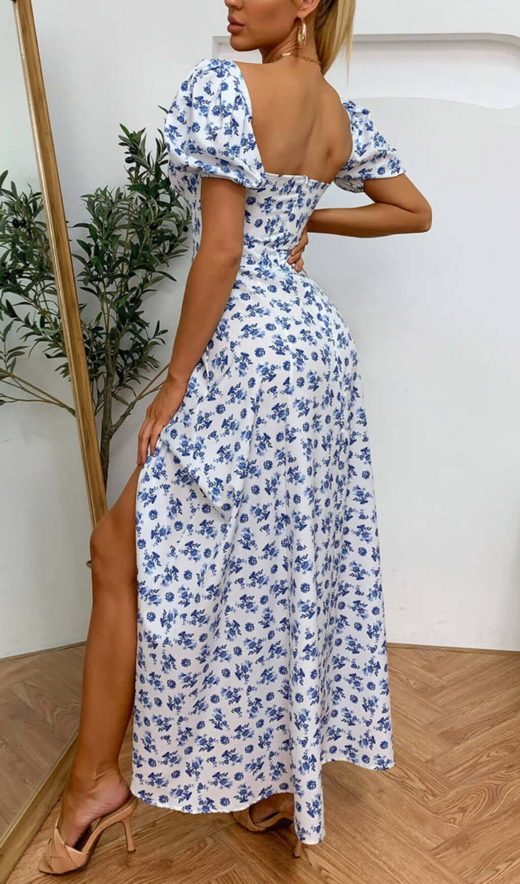 Floral Puff Sleeve Slit Front Midi Dress-Luxandluxy