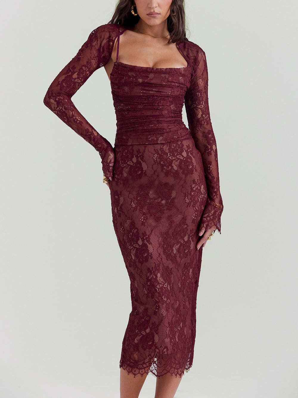 Gaia Claret Lace Midi Dress