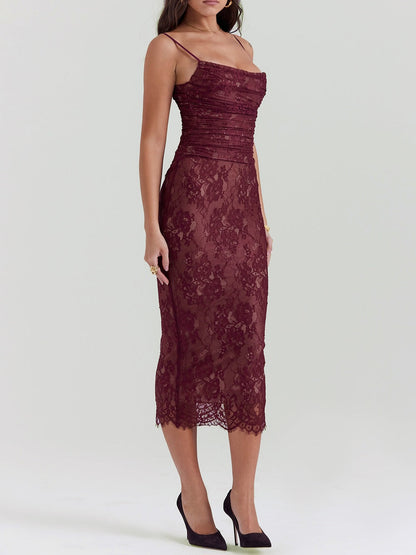 Gaia Claret Lace Midi Dress