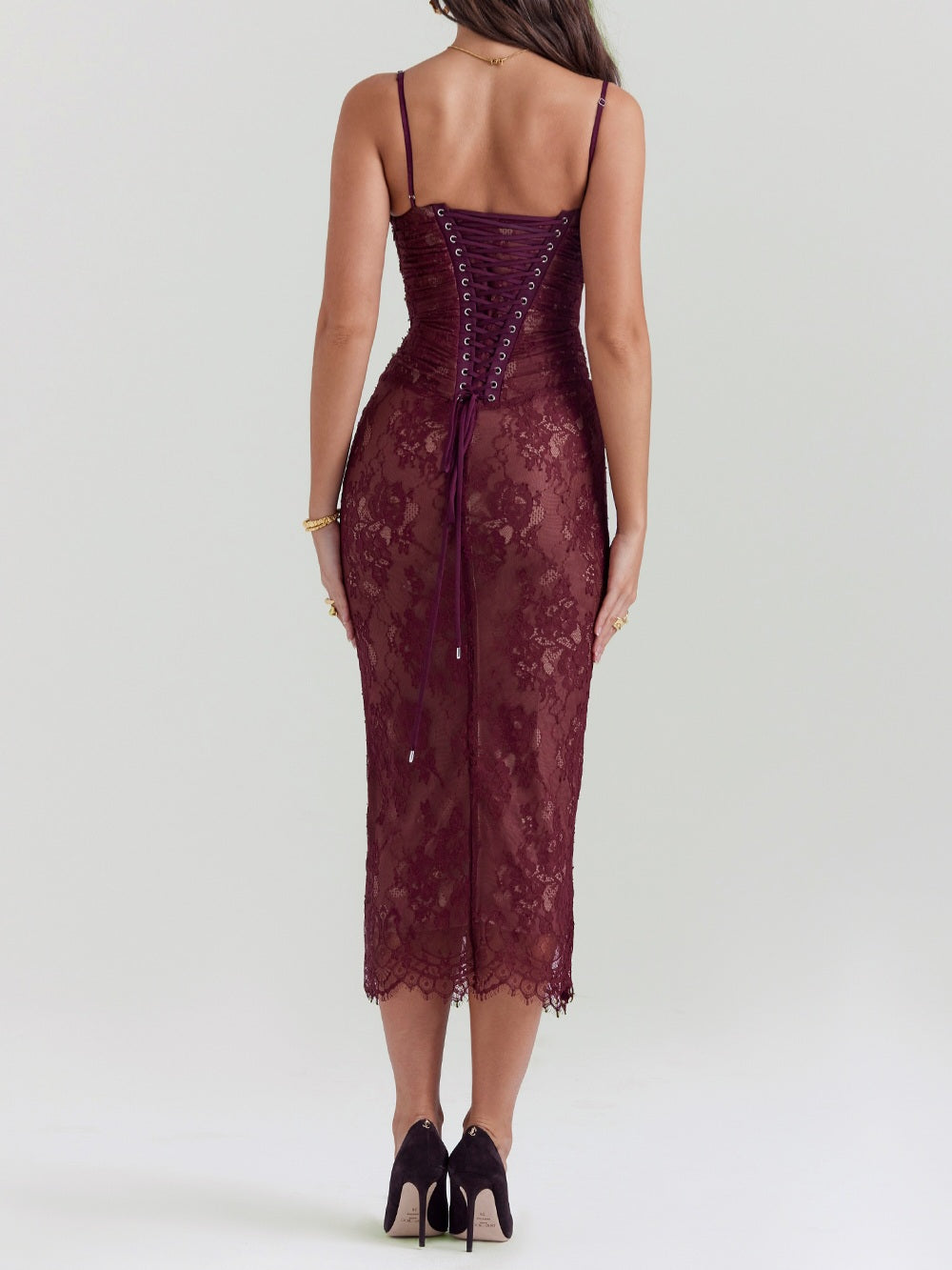 Gaia Claret Lace Midi Dress