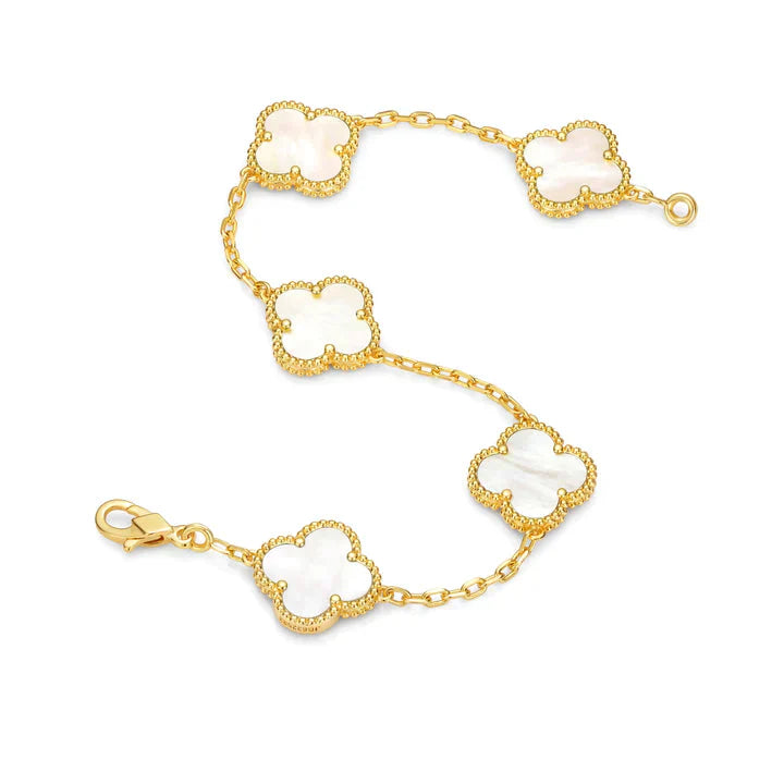 Gold White 5 Motif Clover Bracelet-Luxandluxy