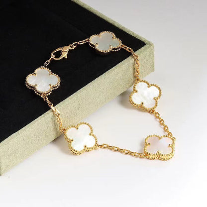 Gold White 5 Motif Clover Bracelet-Luxandluxy